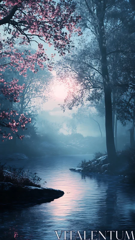 Twilight river corridor with mist diffusion and cool-warm chroma balance