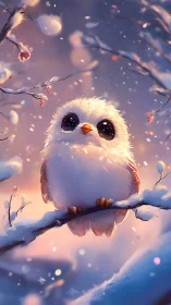 Snowy dawn songbird with starry eyes on frosted branch.