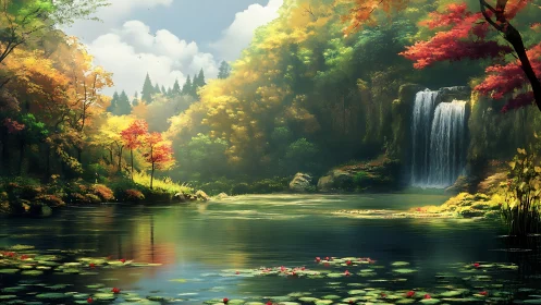 Autumn forest waterfall over reflective lily pond at sunrise
