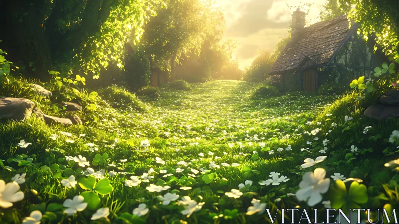 Sunlit clover path leading toward a secluded cottage dreamscape.
