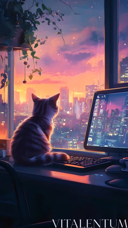Cat observes neon city skyline through large office window