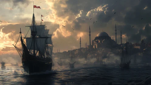 Ottoman-era sailing ship near domed coastal city skyline.