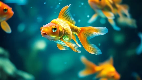 Bright goldfish glides gently through a calm blue aquarium