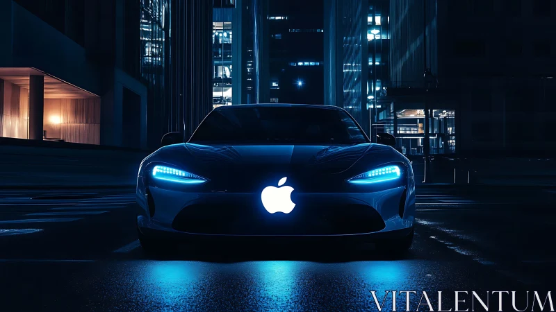 Futuristic electric sports car with glowing logo at night.