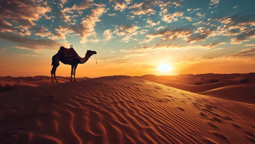 Solitary camel atop glowing desert dune at sunset.