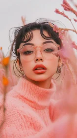 Stylized woman in pink sweater and glasses among flowers.