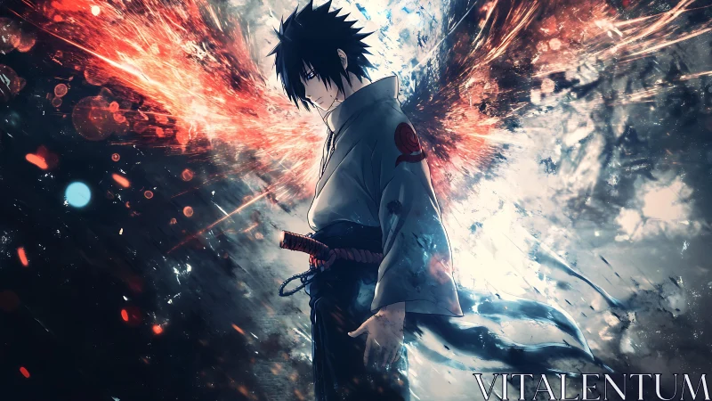 Storm-lit swordsman drifting through fire and shadow.