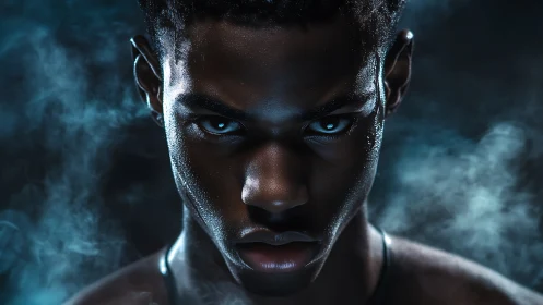 Moody close-up portrait of man in dramatic blue lighting.