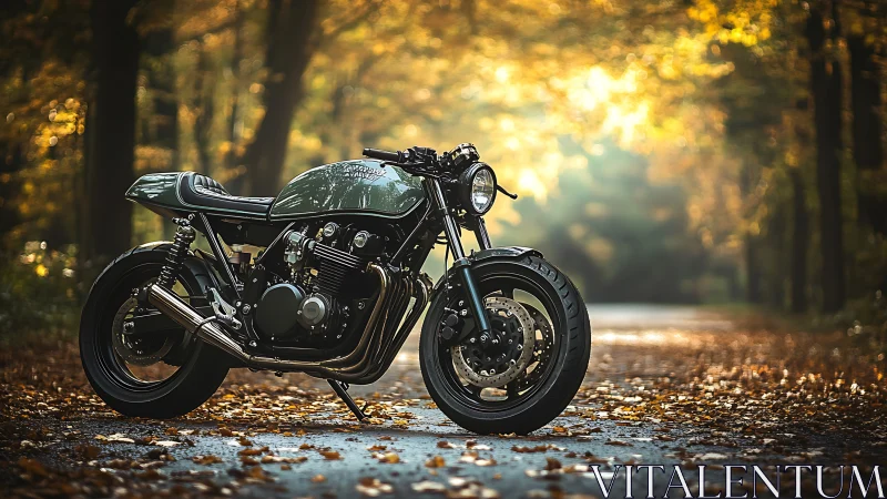Custom cafe racer motorcycle on empty forest road.