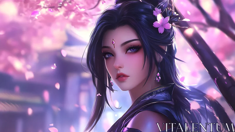 Blossom-veiled warrior gazes through drifting sakura dusk.