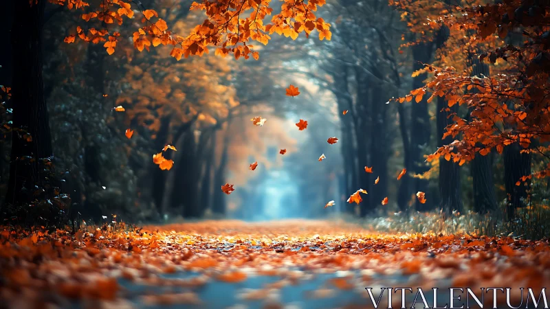 Autumn forest road with falling leaves and mist.