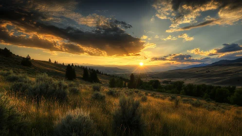 Photorealistic panoramic sunset over rolling grassland valley.