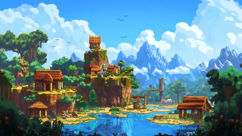 Pixel art tropical lake village with tiered cliff settlement