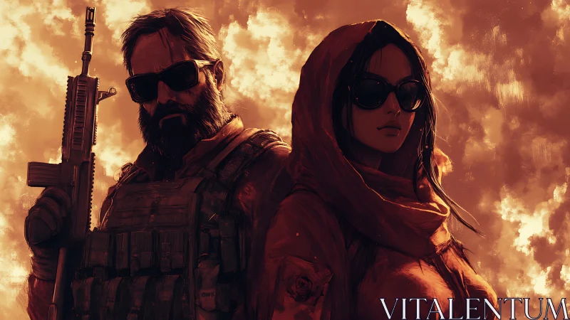 Armed soldier and hooded woman stand under burning sky