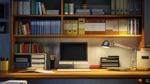 Organized home office desk with computer and shelving.