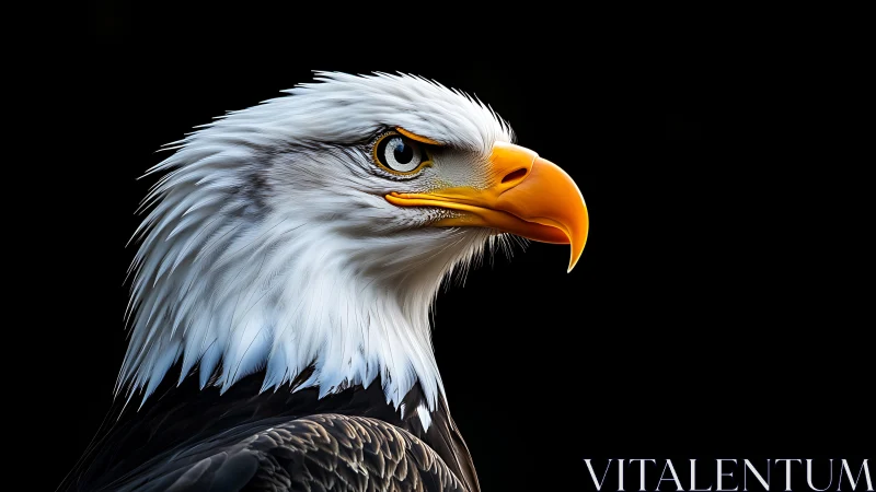 Bald eagle portrait in hyper-realistic style against black background.