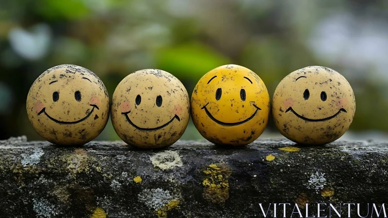 Four smiley face balls aligned on weathered stone ledge.