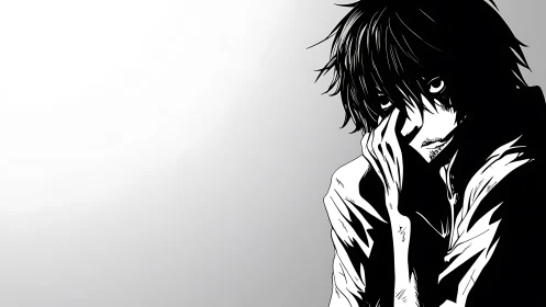 High-contrast monochrome anime portrait of brooding figure