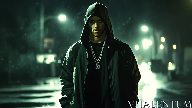 Hooded figure under sodium streetlights in nocturnal drizzle.