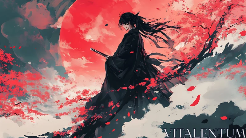 Samurai silhouette before red moon amid blossoms.