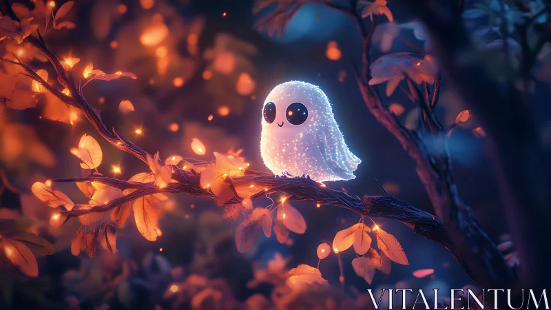 Glowing kawaii ghost resting on branch in soft night forest.