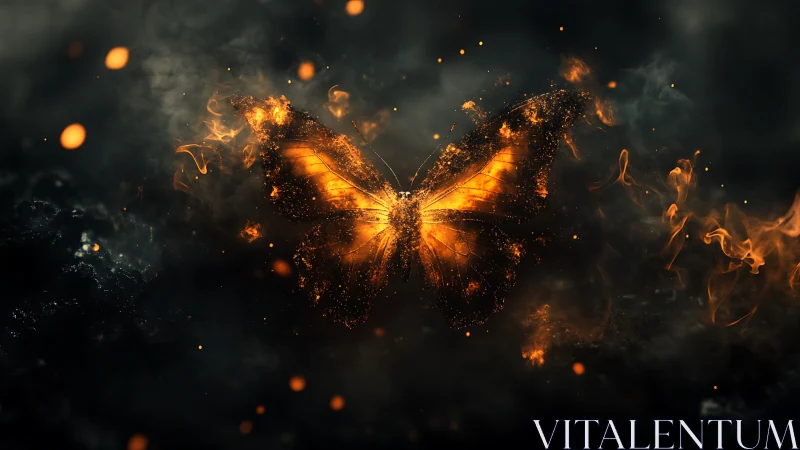 Fiery butterfly erupts from swirling embers and smoke.