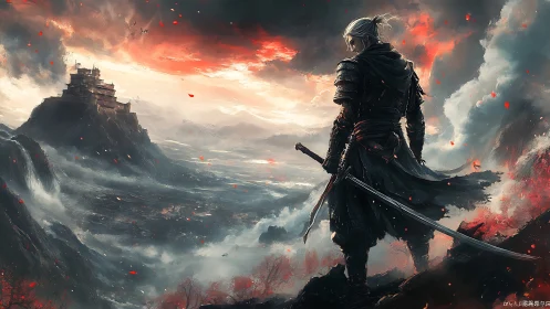 Armored samurai surveys storm-lit valley in cinematic digital art