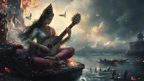 Seated veena player before riverfront architecture at dusk.