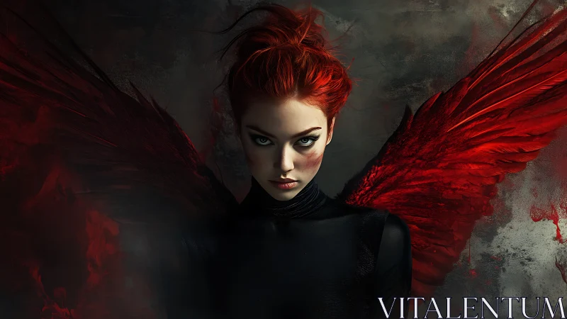 Red winged female figure against dark textured backdrop.