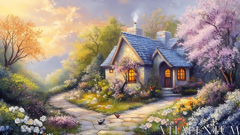 Twilight cottage glows amid bloom-drunk spring garden paths.