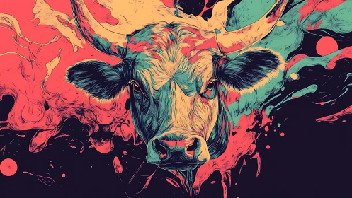 Surreal neon bull portrait explodes through liquid color