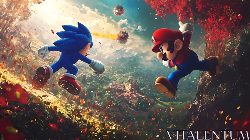 Dynamic crossover chase in lush autumn fantasy valley landscape