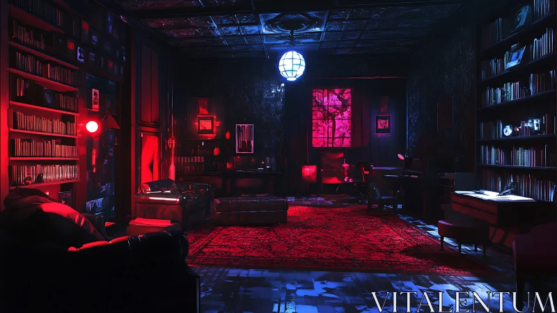 Moody red and blue library lounge with dramatic lighting.