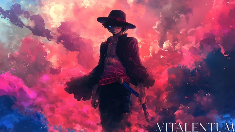 Stormborn wanderer strides through neon twilight clouds.