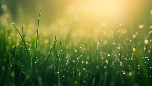 Morning dew pearls on grass under soft golden sunrise glow.