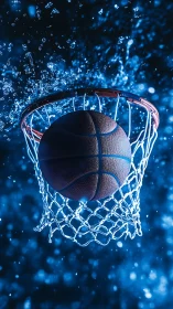 Basketball plunges through net amid blue splash lighting.