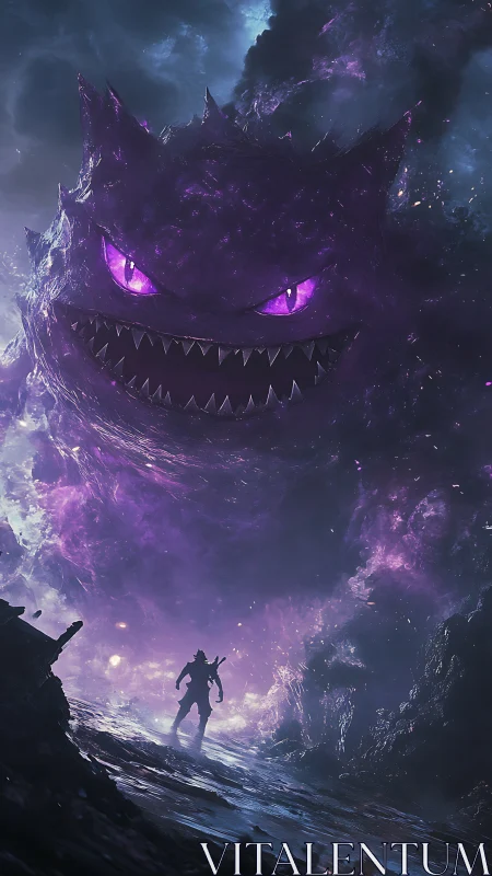 Storm-lit showdown with a colossal cosmic shadow creature.