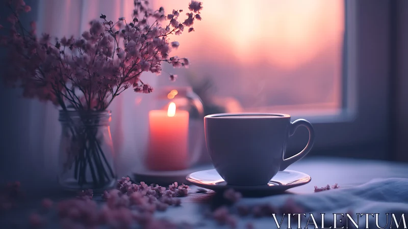 Soft-focus cup and candle scene uses shallow depth and warm bokeh