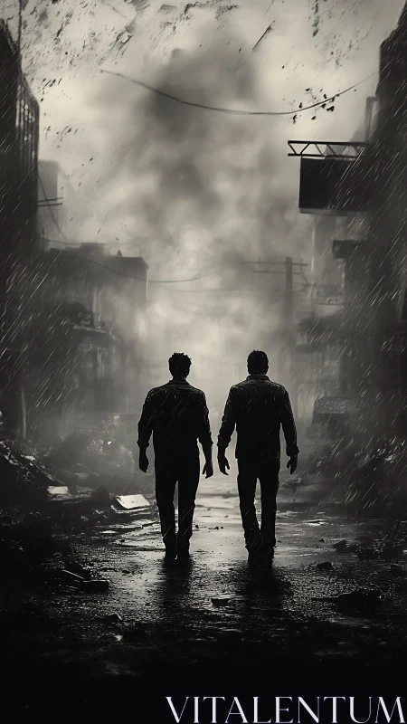 Rain-scarred wanderers crossing a haunted urban aftermath.