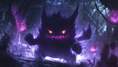 Spectral creature charges through neon-lit haunted forest.