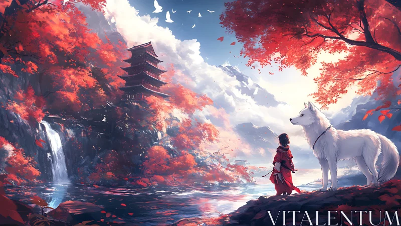 Child and white wolf beside river in red forest landscape.