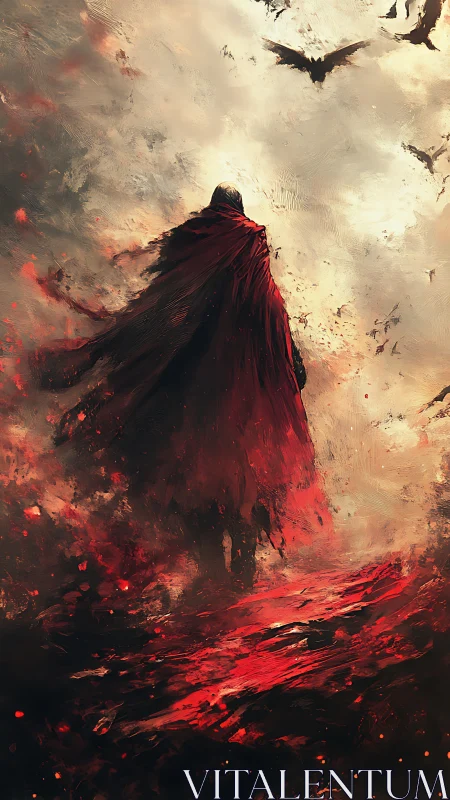 Solitary cloaked figure stands in turbulent red landscape