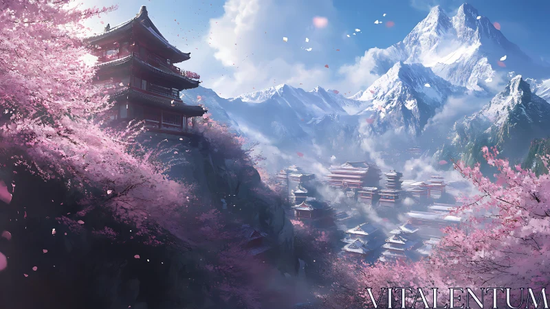 Cherry blossom temple kingdom wrapped in drifting mountain mist.