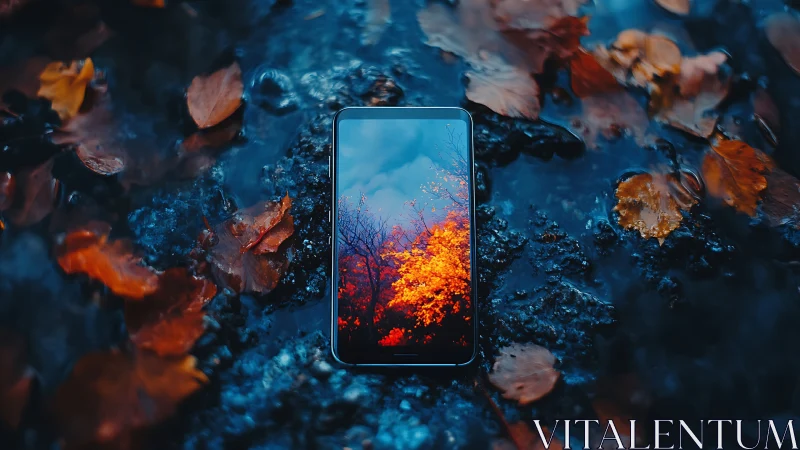 Smartphone mirror effect in saturated autumn wetscape.