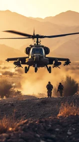Attack helicopter hovers low above soldiers in dusty valley.