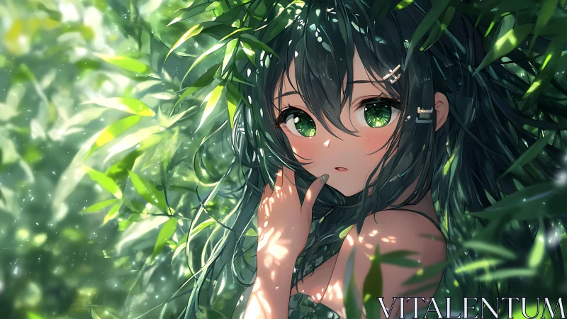 Green haired anime girl partially concealed by dense foliage.