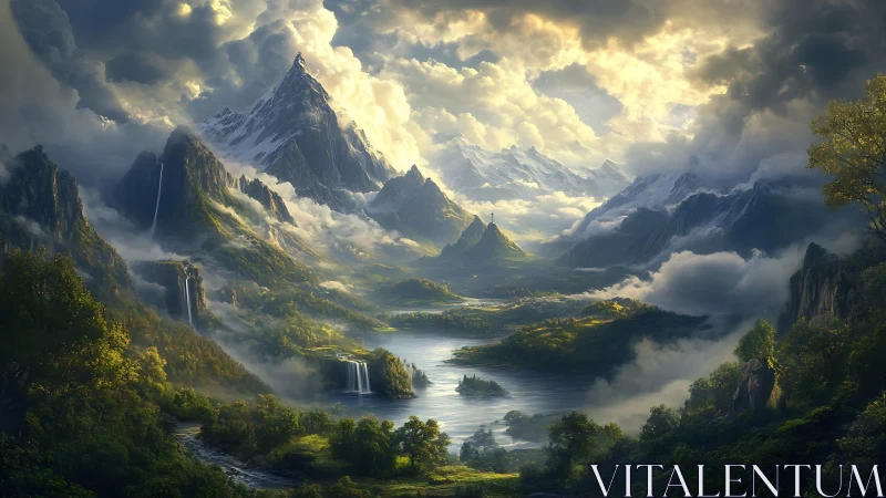 Mythic mountain valley under stormlit golden skies.
