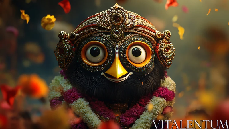 Ornate deity-inspired character amid drifting flower petals.