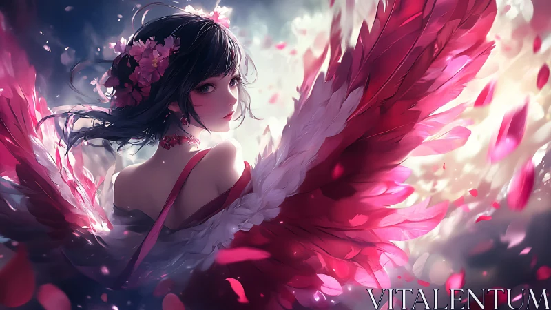 Winged daydream girl wrapped in rose colored starlight.