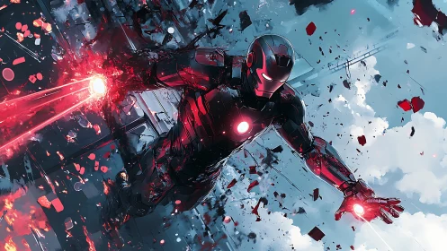 Armored humanoid figure emitting red energy in flight.